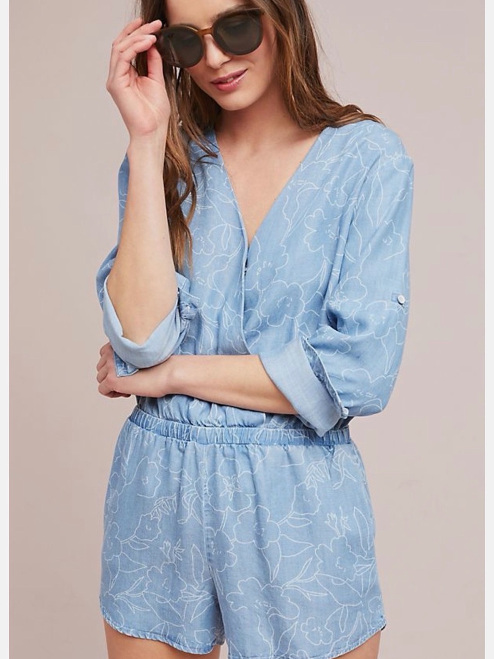 Cloth & Stone Anthropologie Floral Chambray
Tencel Romper - Size M NWT